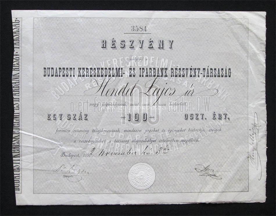 Budapesti Kereskedelmi- és Iparbank részvény 100 forint 1892